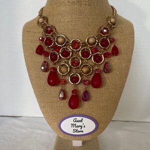 Bib Statement Necklace Red Beads Gold Tone 18" Boho